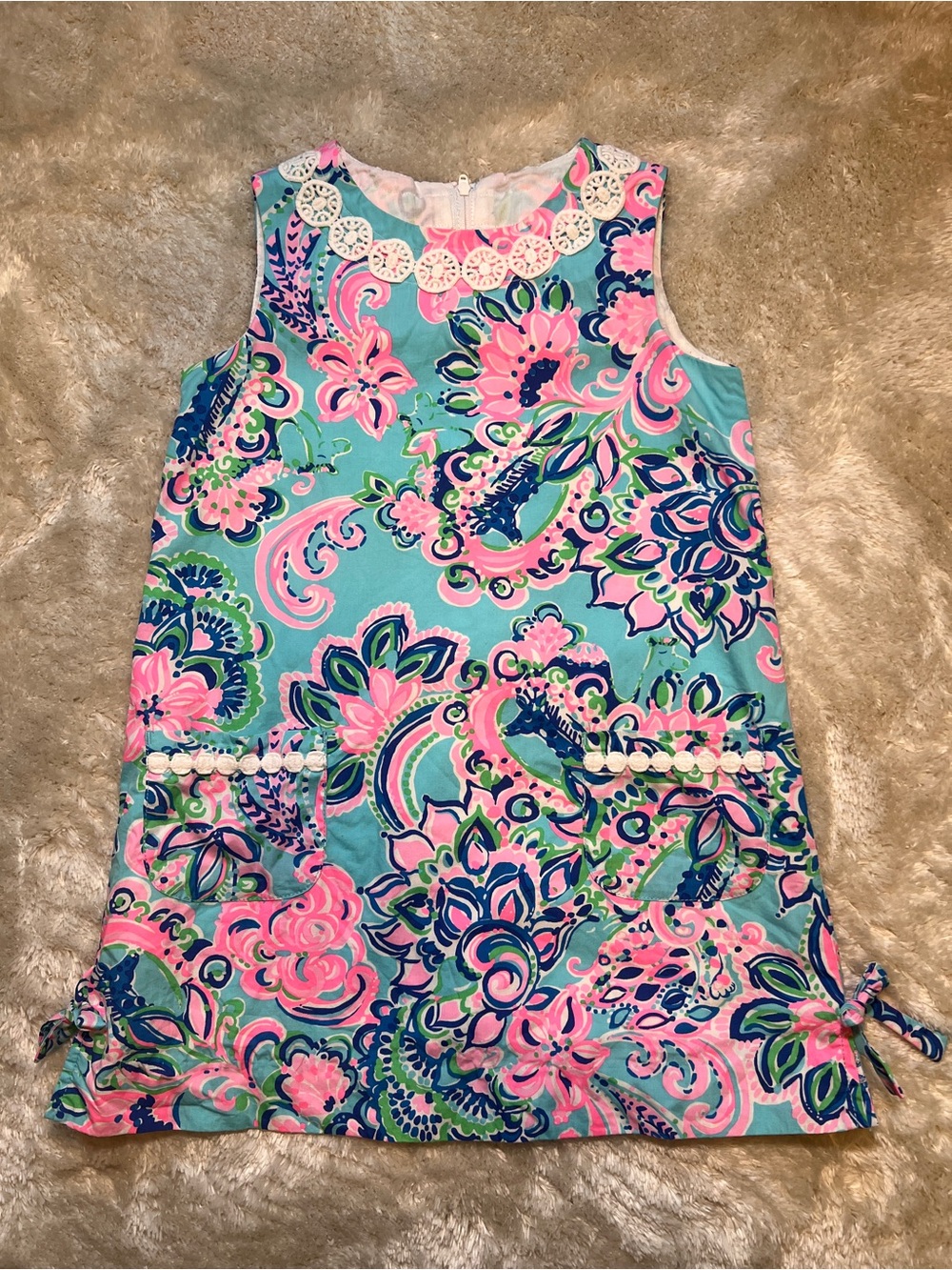 Lilly Pulitzer Aqua and Pink Floral Shift Girls Dress with Lace Trim